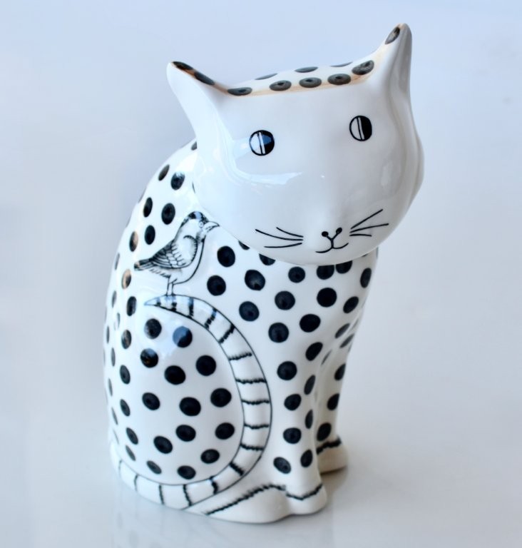 Black & White Spotted Ceramic Cat With Bird